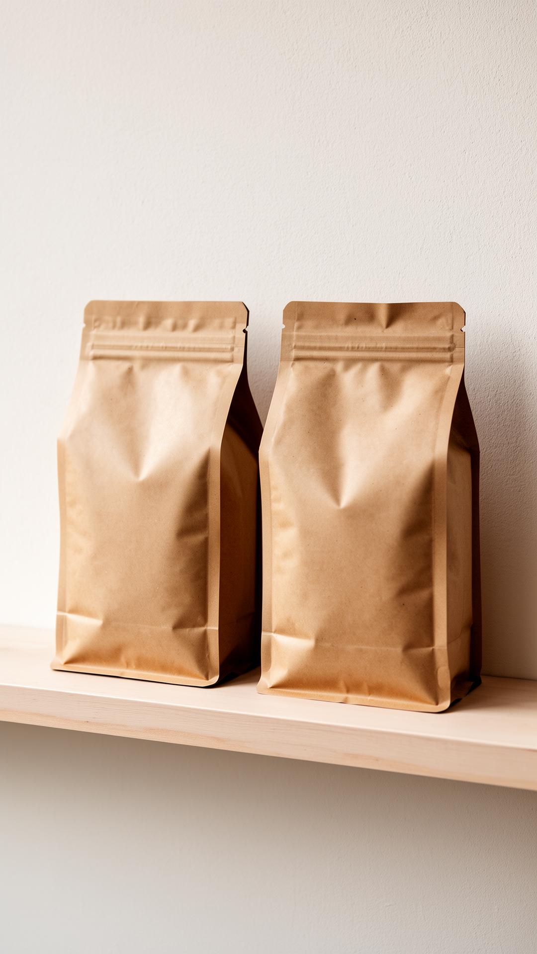 Two kraft bean bags on a pale wooden shelf against an off-white wall.