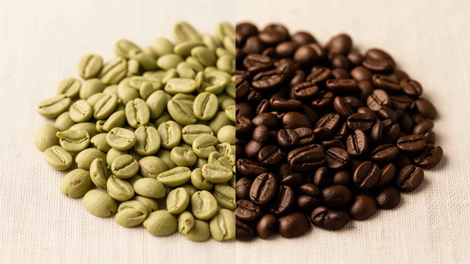 Green coffee beans on the left, dark roasted beans on the right, on warm linen.