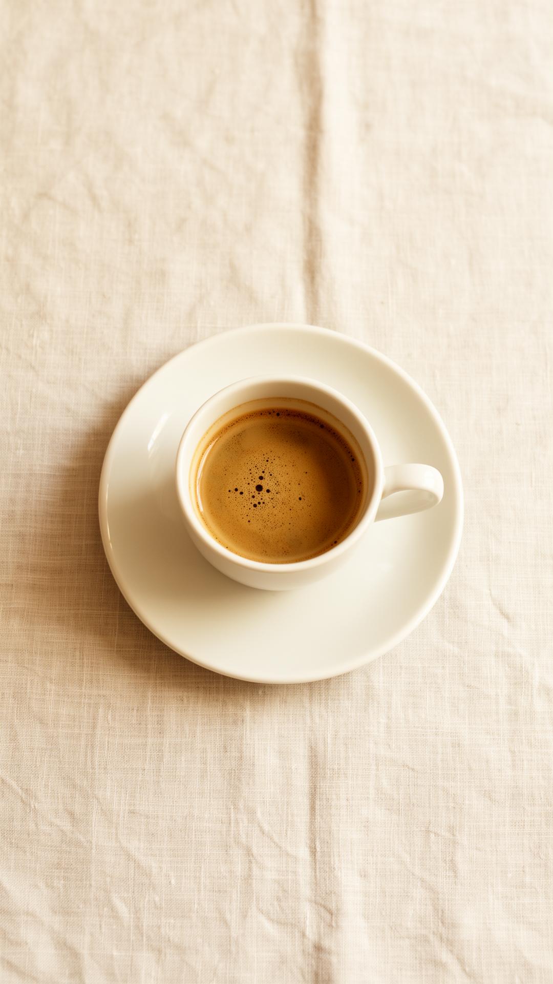 A single porcelain cup of espresso on off-white linen, top-down.