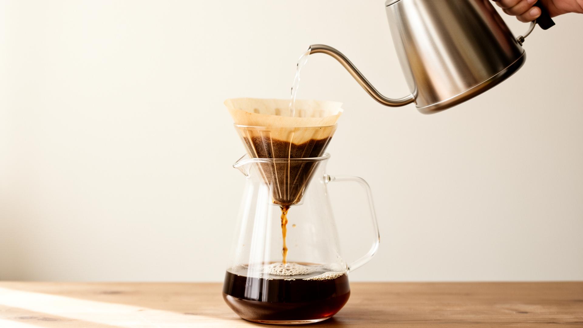 Slow pour from a gooseneck kettle into a glass server, side profile.