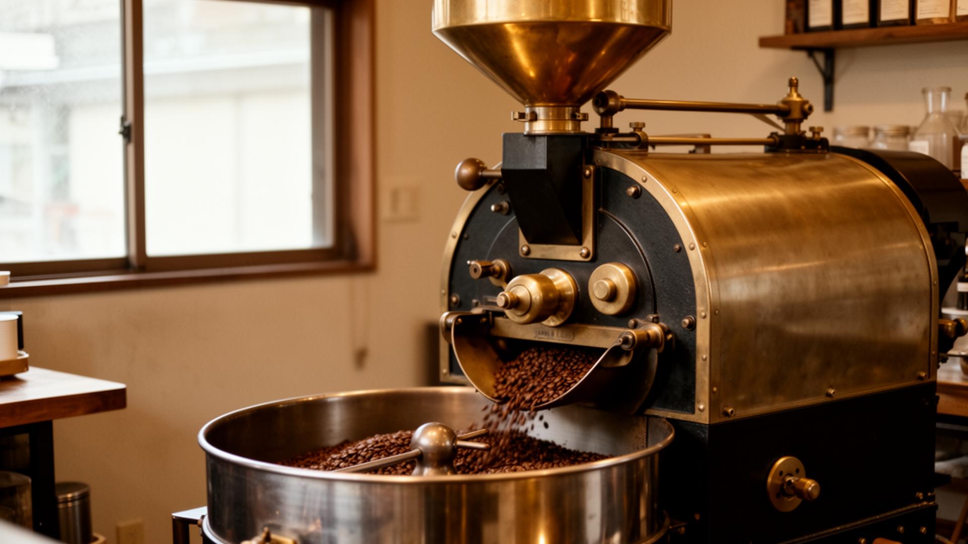 Vintage drum roaster mid-roast in a small Tokyo workshop, warm side daylight.