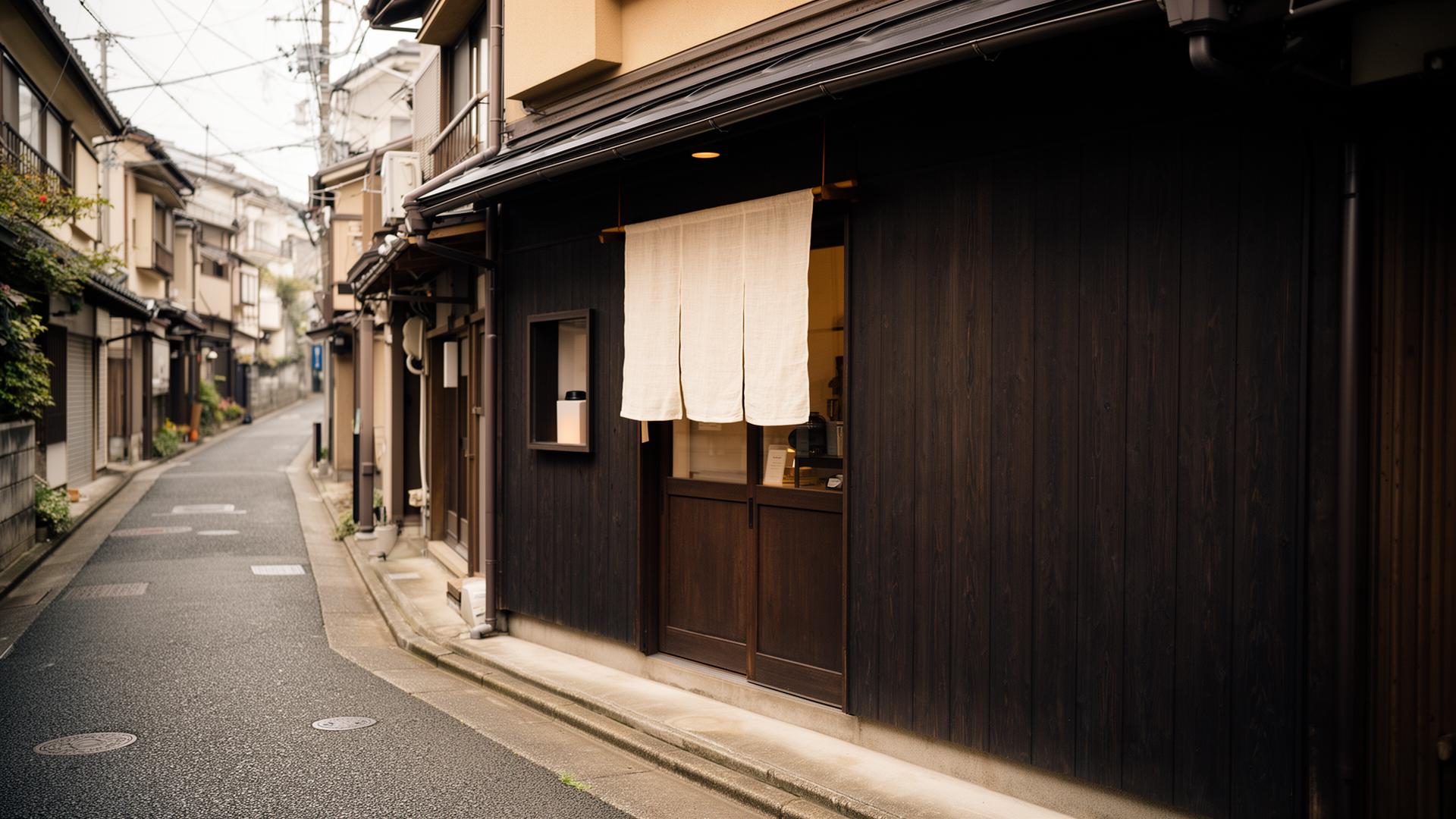Quiet dark-wood storefront on a narrow Sekiguchi lane, white noren in the doorway.